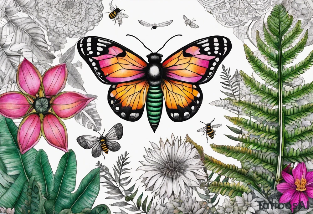Botanical garden with ferns, white, green, orange, yellow, pink, Fuschia, Madagascan  moth, bee, mandalas, colorful, boho tattoo idea