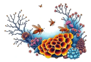 Coral reef scene with honey bees swimming on honey comb tattoo idea