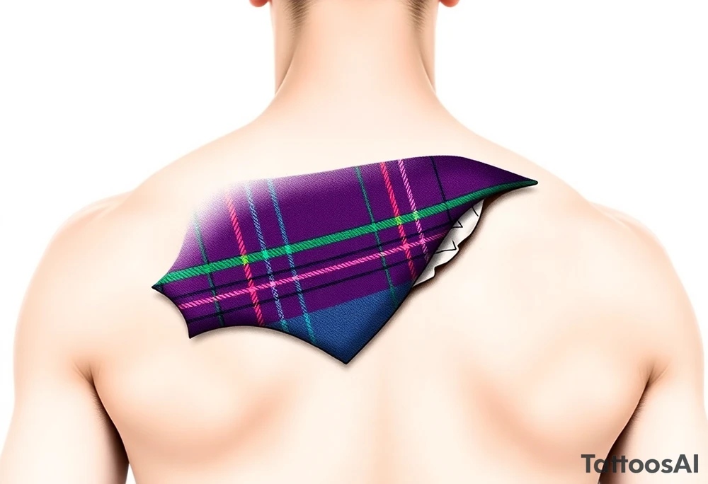 Dark Purple with green pink blue and white highlights tartan fabric with skin around edges peeling and wrapping around side of shoulder tattoo idea