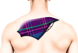 Dark Purple with green pink blue and white highlights tartan fabric with skin around edges peeling and wrapping around side of shoulder tattoo idea