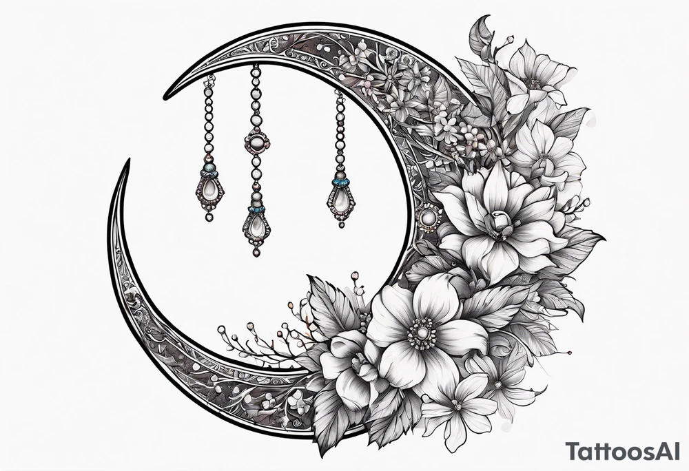 Crescent moon with flowers and beading tattoo idea