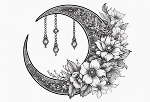 Crescent moon with flowers and beading tattoo idea