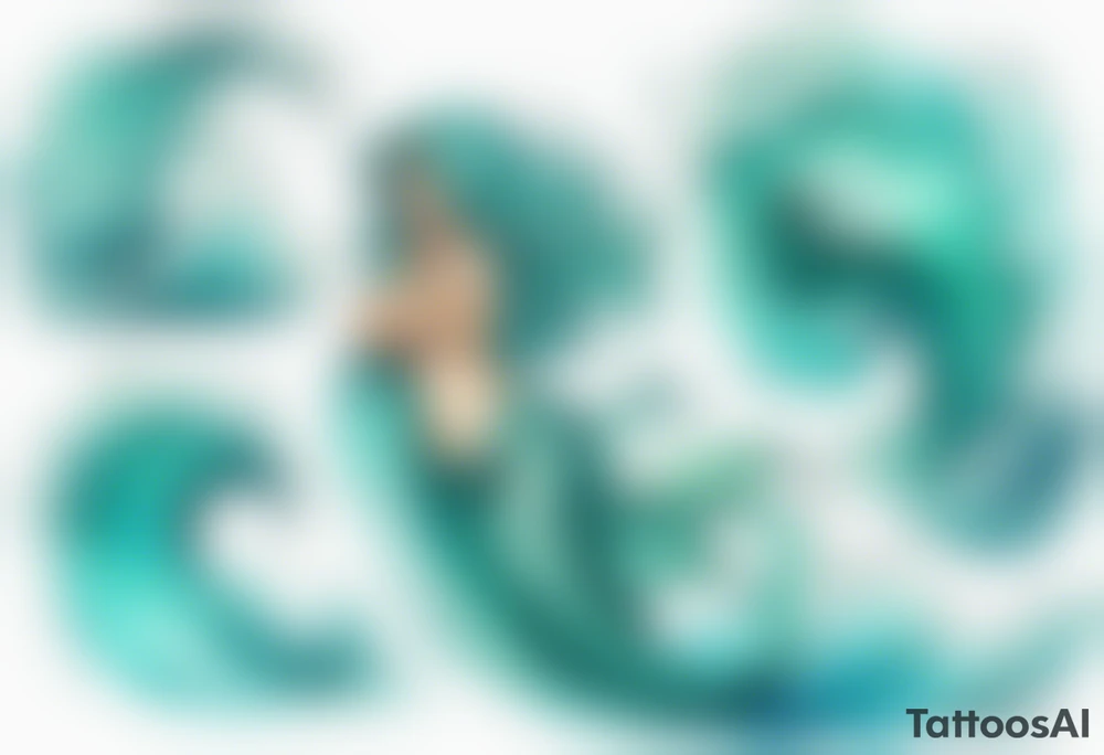 a beautiful chubby turquoise mermaid emerging from an ocean wave, crashing onto the shore tattoo idea