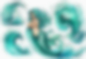 a beautiful chubby turquoise mermaid emerging from an ocean wave, crashing onto the shore tattoo idea