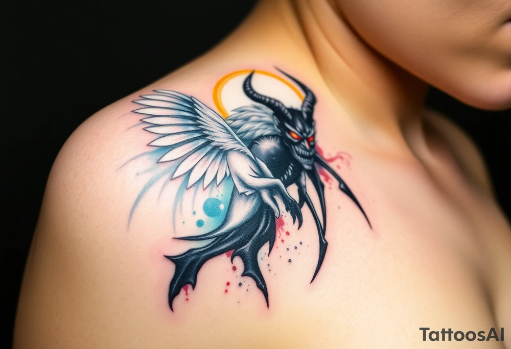 A radiant angel, with soft white wings and a glowing halo, surrounded by light, juxtaposed against a dark demon, with jagged black wings and fiery red eyes, symbolizing the ultimate conflict between good and evil. tattoo idea