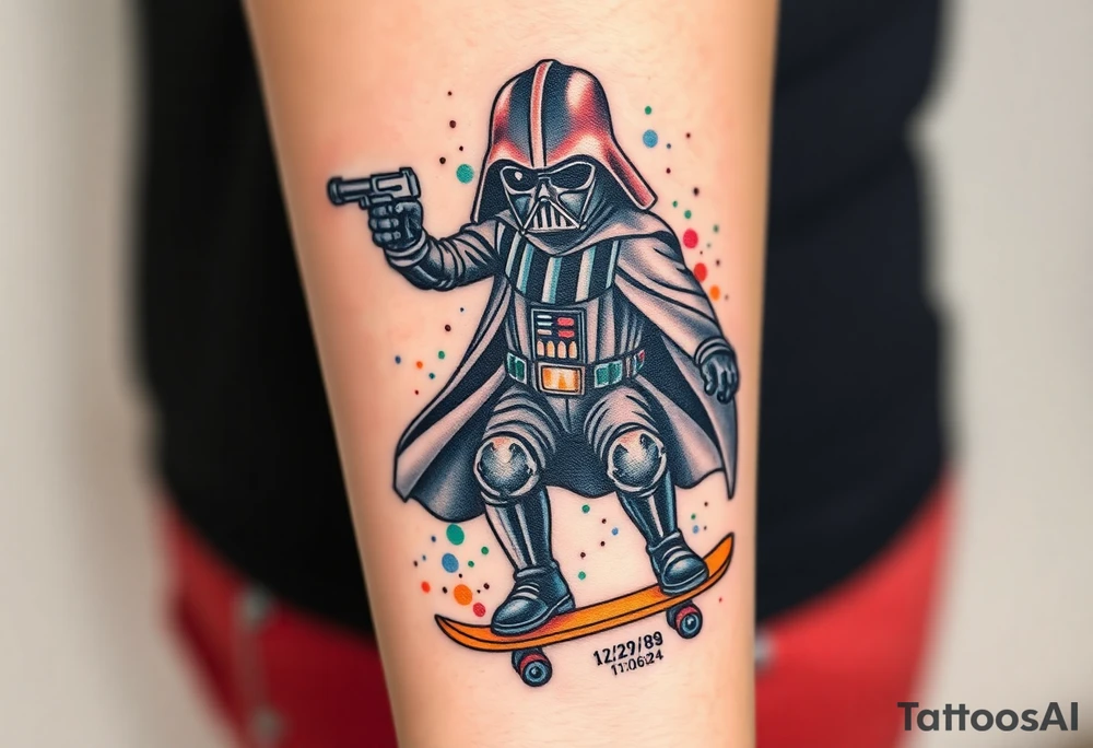 Darth Vader skateboarding with gun> bullets > memorial > god > colors > futuristic 
add name "Darth Carter" on skateboard
add date 12/29/88-01/06/24 tattoo idea