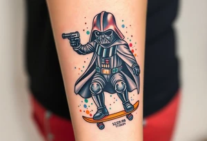Darth Vader skateboarding with gun> bullets > memorial > god > colors > futuristic 
add name "Darth Carter" on skateboard
add date 12/29/88-01/06/24 tattoo idea