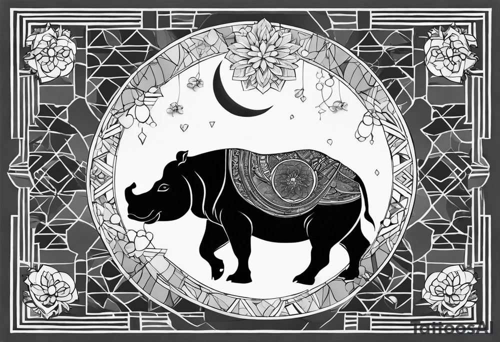 Very asymmetrical, +geometric pattern, with realistic full moon, with hippo at side look, +tribal, +geometric, +inkart , +blackwork, +grey scale, + sketch
with wintersweet flower bud, +inkart touch, +for men, detailed , combined favourite tattoo idea