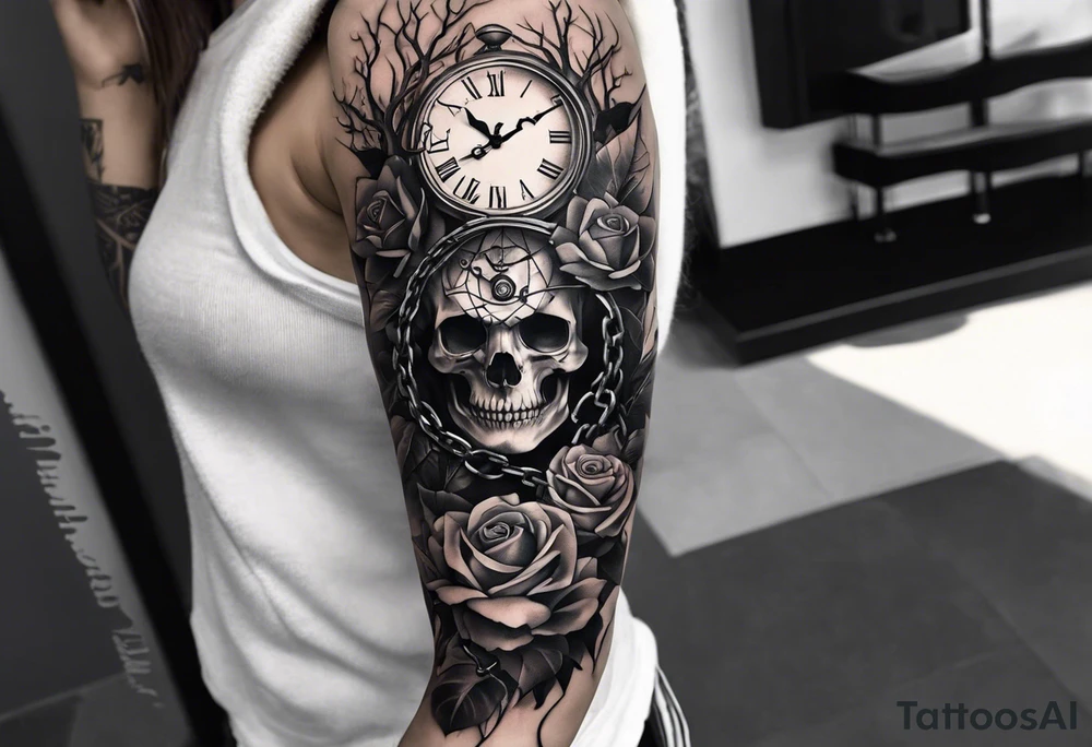 tattoo fool sleeve, tree roots break out of the chains at the bottom of the hand, broken mask, Clock with flying numbers, girl, skull, roses, less shadows tattoo idea