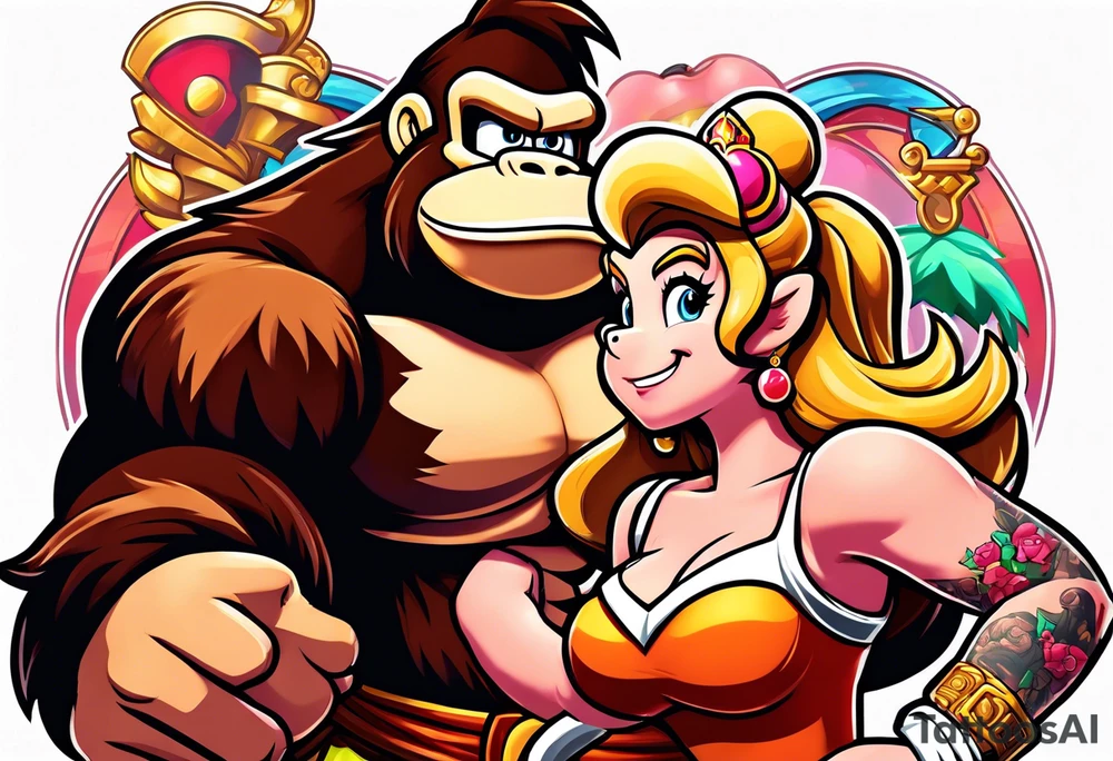 Donkey Kong flexing and holding up sexy Princess Peach tattoo idea