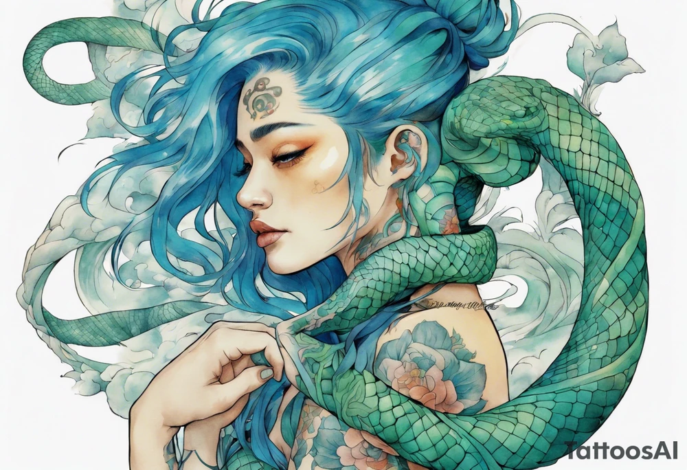 a blue-green serpent wrapped around a beautiful woman with blue hair tattoo idea