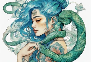 a blue-green serpent wrapped around a beautiful woman with blue hair tattoo idea