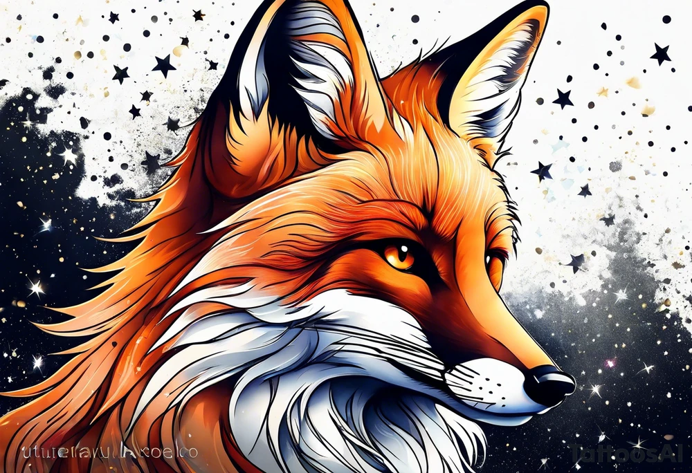 vibrant fox, galaxy, stars tattoo idea