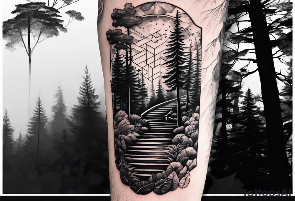 forearm sleeve, time, stairs, forest tattoo idea