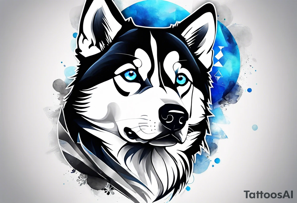 Thigh piece. A black and white Siberian husky with blue eyes. The face should be split in half with one half watercolor and one half geometric. tattoo idea