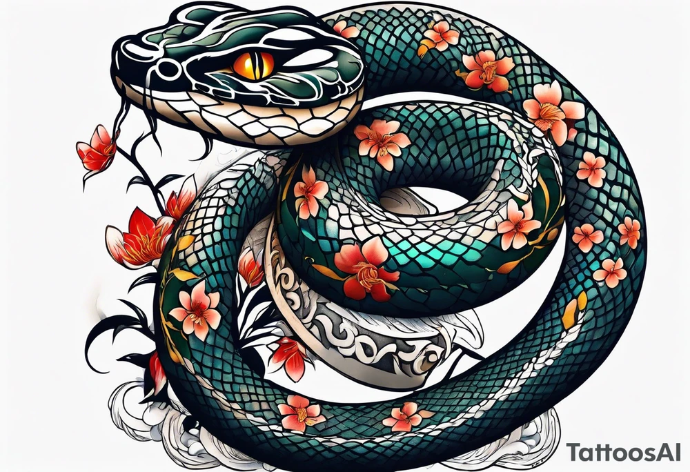sleeve tattoo of a snake with Japanese designs tattoo idea