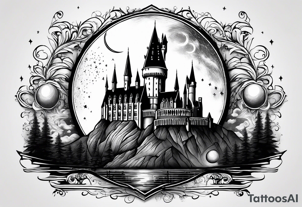 Hogwarts Castle with water around it and the moon in the sky tattoo idea