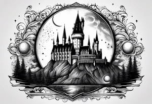 Hogwarts Castle with water around it and the moon in the sky tattoo idea