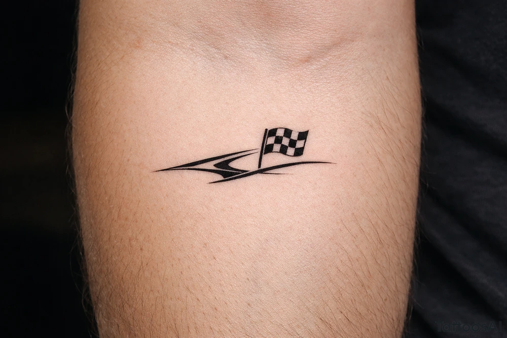 blackwork motorsport tattoo featuring a small checkered racing flag combined with a flowing racing line, dynamic but elegant tattoo idea
