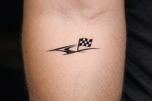 blackwork motorsport tattoo featuring a small checkered racing flag combined with a flowing racing line, dynamic but elegant tattoo idea