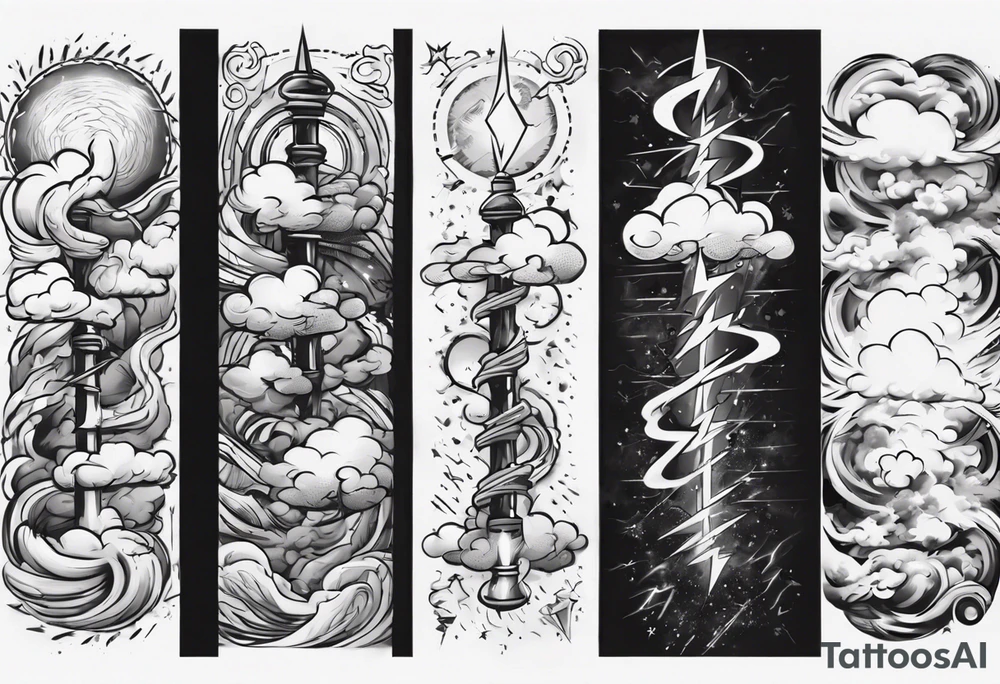 forearm sleeve lightning and clouds pattern tattoo idea
