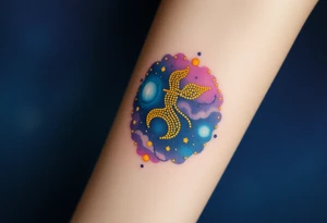 A night sky with Sagittarius made of glowing golden dots, surrounded by a soft watercolor galaxy in deep blues and purples tattoo idea
