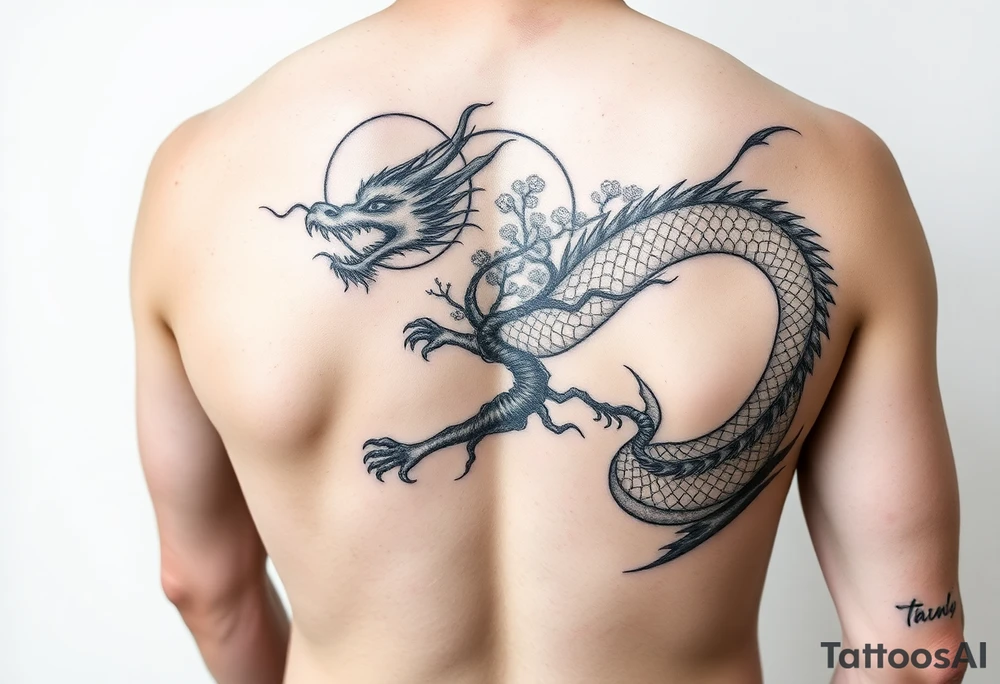 forearm sleeve tattoo, a dragon with a sakura tree and moon tattoo idea forearm sleeve tattoo, a dragon with a sakura tree and moon tattoo idea