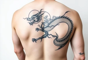 forearm sleeve tattoo, a dragon with a sakura tree and moon tattoo idea