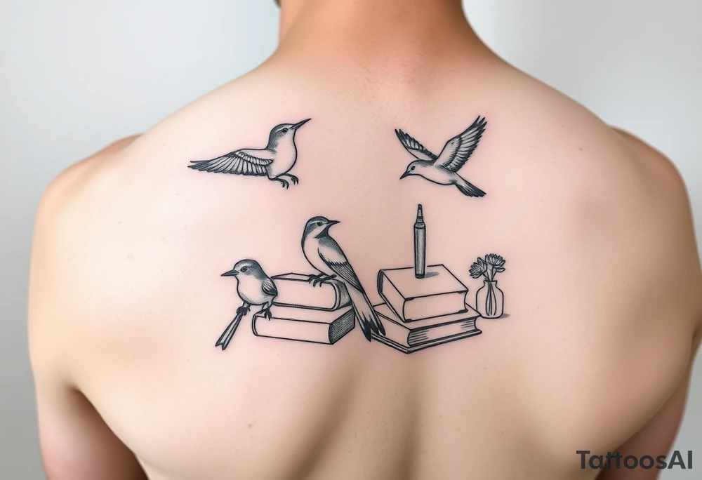 Minimalist fine line tattoo incorporating birds, nature, books, science tattoo idea