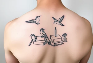 Minimalist fine line tattoo incorporating birds, nature, books, science tattoo idea