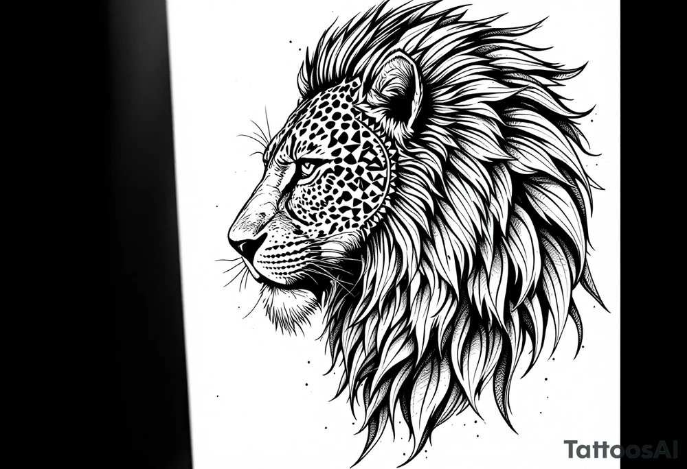 a mix the nemean lion, ancient Egyptian and roman royalty, and a leopard, combined with the sun and French pattern, facing left in profile tattoo idea