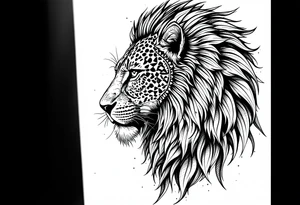 a mix the nemean lion, ancient Egyptian and roman royalty, and a leopard, combined with the sun and French pattern, facing left in profile tattoo idea