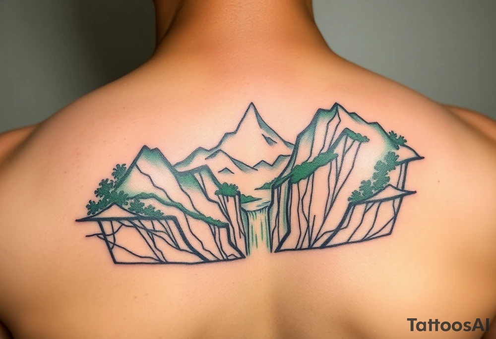 သား  surrounded by a colorful green mountainside with a waterfall tattoo idea