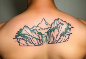 သား  surrounded by a colorful green mountainside with a waterfall tattoo idea