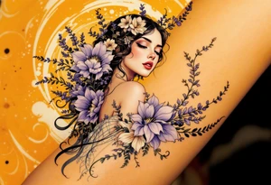 Alfons Mucha’s art nouveau muse holding a bouquet of lavender and cream flowers, set against a warm amber background. tattoo idea
