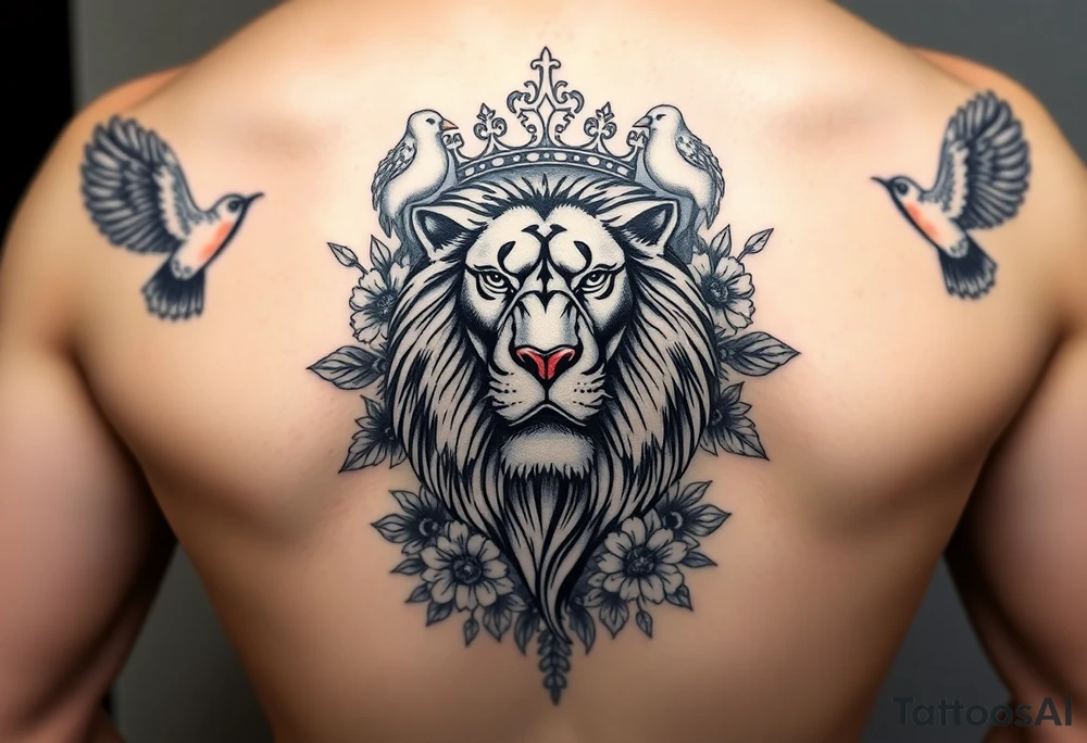 powerful majestic lion with a crown, surrounded by floral ornaments and birds tattoo idea