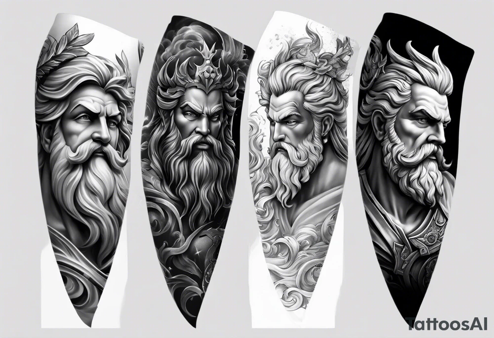 Tattoo sleeve with Zeus, Poseidon and Hades. tattoo idea