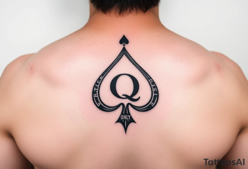 A spade womb tattoo with a Q in the center, with three points around the outside. The first reading, "BLACK". The second reading, "seed". The third reading, "ONLY". tattoo idea