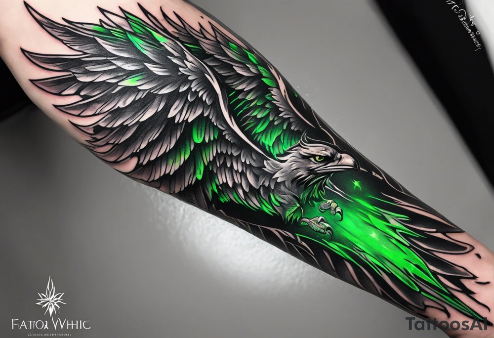 Forearm wing tattoo with streaks of neon green lightning going through/around it tattoo idea