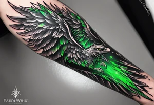 Forearm wing tattoo with streaks of neon green lightning going through/around it tattoo idea
