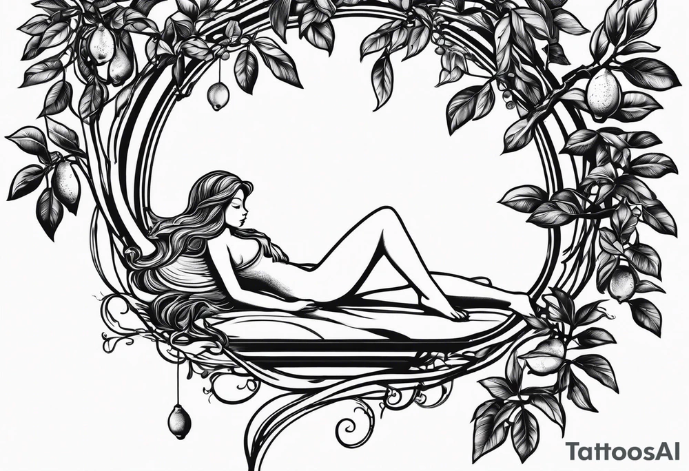 Fairy outline, asleep on a lemon on the branch of a lemon tree. tattoo idea