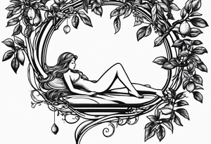 Fairy outline, asleep on a lemon on the branch of a lemon tree. tattoo idea