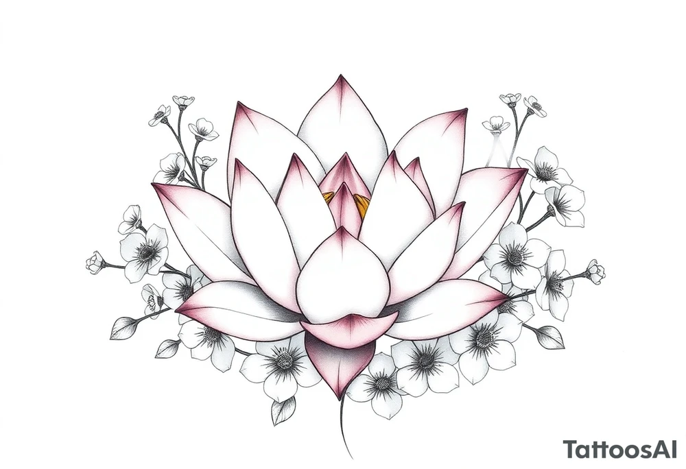 Lotus flower surrounded by forget me nots and peonies tattoo idea