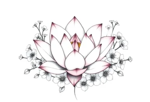 Lotus flower surrounded by forget me nots and peonies tattoo idea