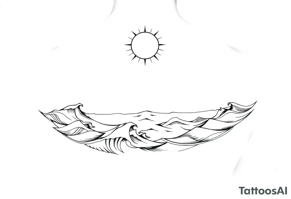 Wrap-around forearm tattoo, black and white line art. Calm sea waves and horizon, sun or moon above with subtle Norse runes (Algiz, Raido). Balanced, elegant, marine and mythological. Clean outlines, high contrast, stencil-ready. tattoo idea