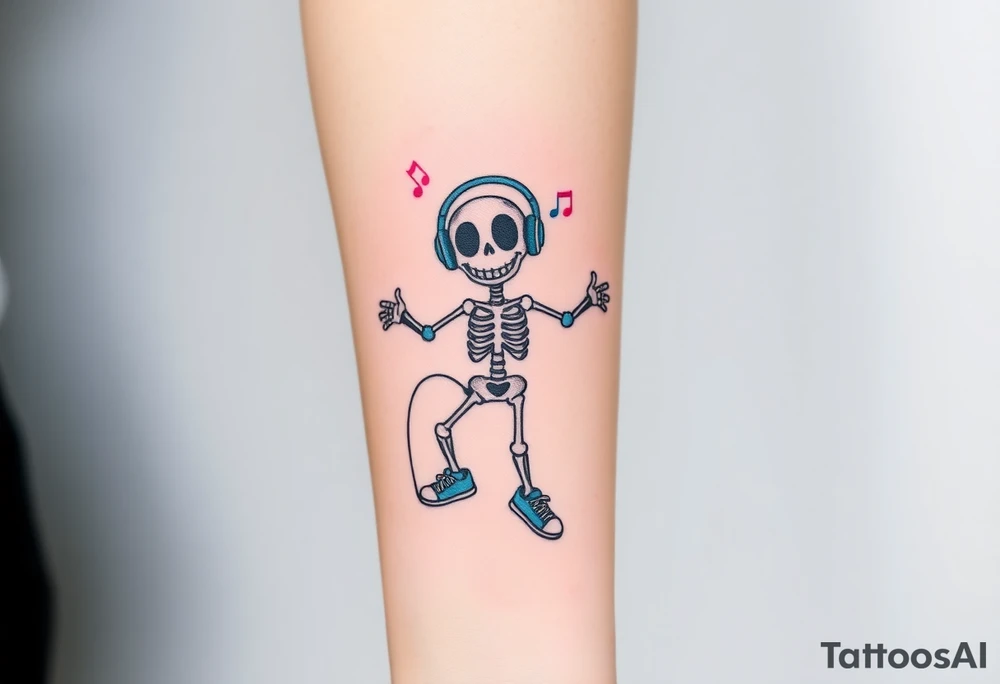 smiley skeleton with love shape in his eyes jumping on a jump rope with blue headphones and blue armbands and blue sneakers with colorful music notes around his head tattoo idea