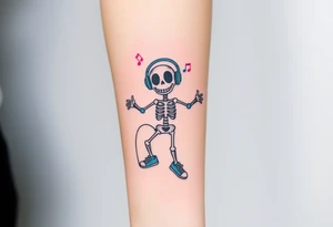 smiley skeleton with love shape in his eyes jumping on a jump rope with blue headphones and blue armbands and blue sneakers with colorful music notes around his head tattoo idea