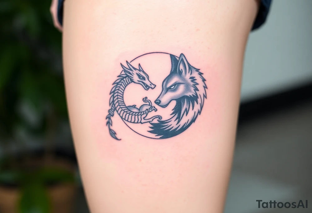 Ying yang symbol with one side a baby dragon and one side a wolf tattoo idea