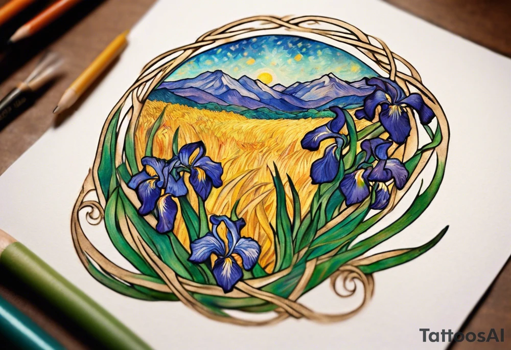 Create a small, delicate colorful Vincent van Gogh Irises tattoo in the form of a crescent, with vines or Celtic knots gracefully intertwining at a central point in the middle of the wreath.  In the middle of the wreath are mountains and other items found in New Mexico. Ensure that the design avoids the appearance of a bush and maintains a more structured and deliberate arrangement. The intended placement is on the upper chest. The overall design should be small in size while maintaining a delicate and artistic aesthetic. Pay attention to the graceful flow of the vines and the placement of the irises to achieve a refined and elegant look. tattoo idea