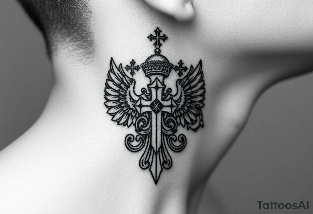 russian coat arms in a russian christian orthodox cross with the cross in the middle with a virgin mary & orthodox dome church on the side of the neck in a wilderness setting tattoo idea